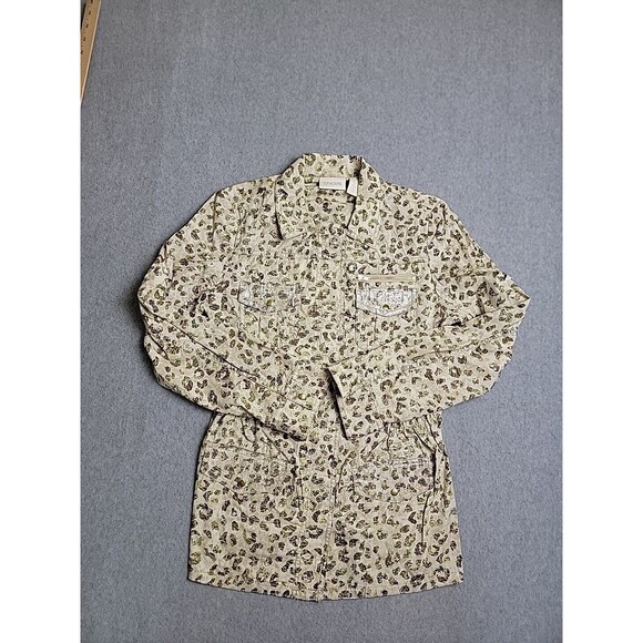 Chicos Field Jacket Womens 0 Beige Olive Green Leopard Zip Snap Pockets Stretch - Picture 1 of 16